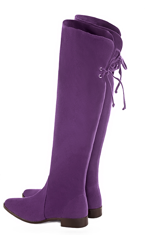 Amethyst purple women's leather thigh-high boots. Round toe. Flat leather soles. Made to measure. Rear view - Florence KOOIJMAN